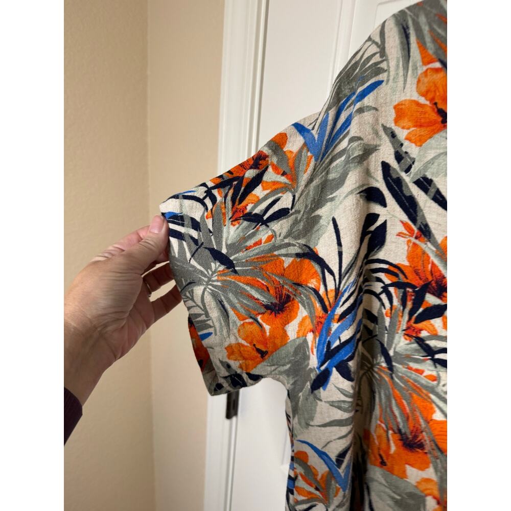 Chico's Fiesta Palms Linen Blend Popover Top Orange Blue Green Tropical 2 (L 12) - Picture 4 of 8